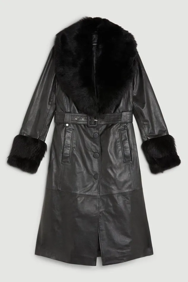 Shearling Cuff And Collar Leather Coat Black Women Karen Millen Coats and Jackets