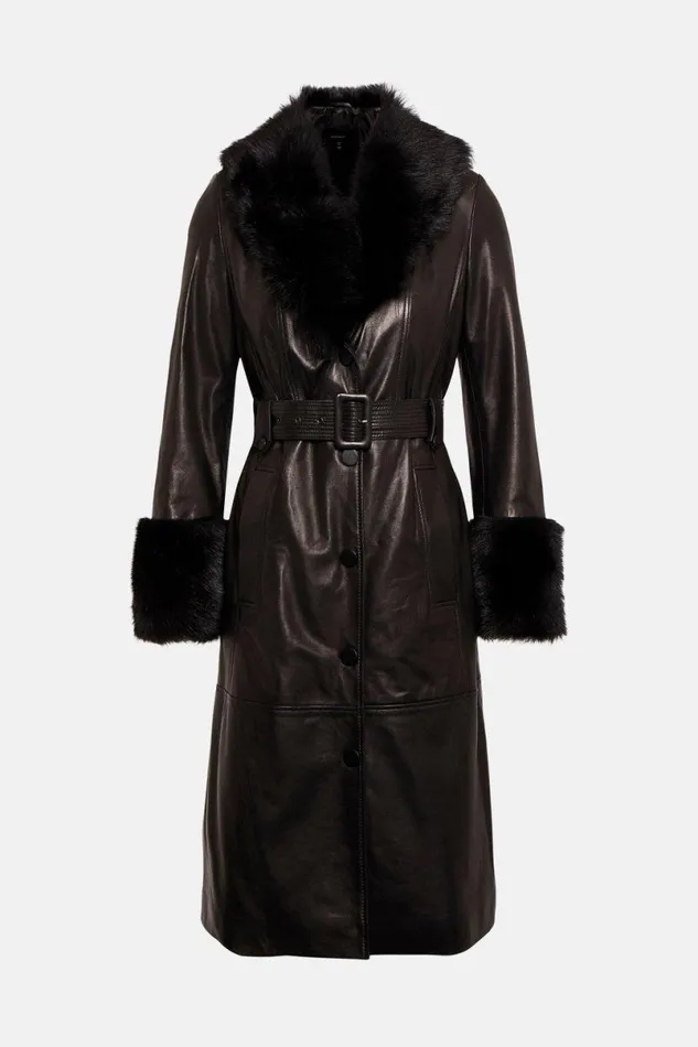 Shearling Cuff And Collar Leather Coat Black Women Karen Millen Coats and Jackets