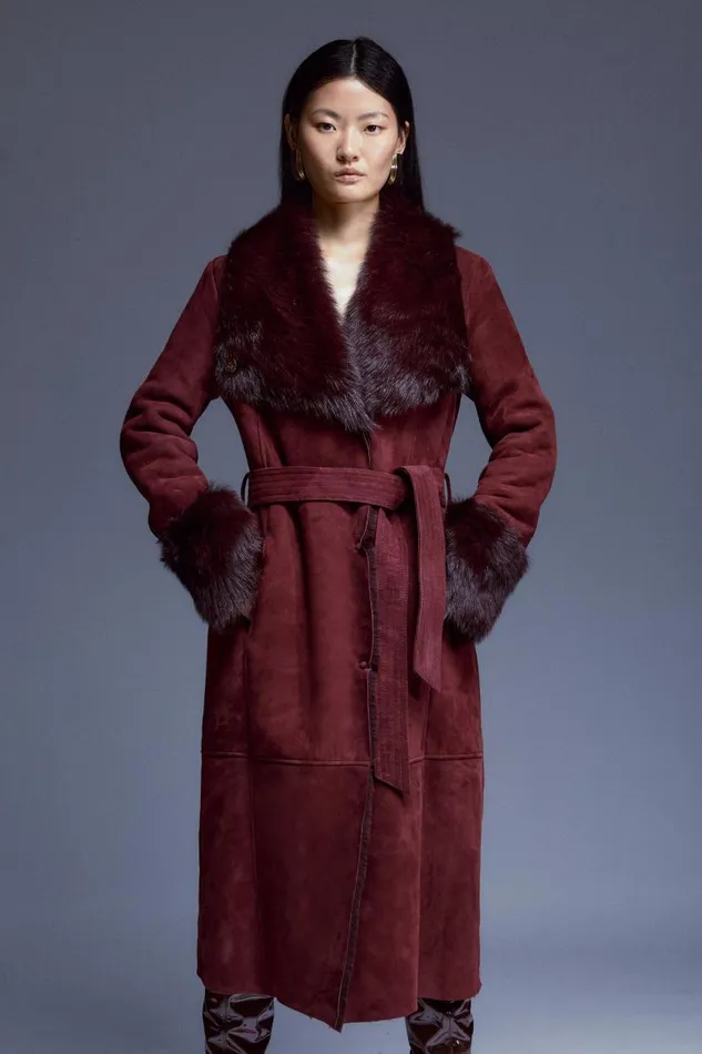 Shearling Cuff And Collar Wrap Belted Coat Women Karen Millen Coats and Jackets