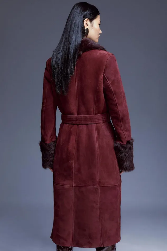 Shearling Cuff And Collar Wrap Belted Coat Women Karen Millen Coats and Jackets