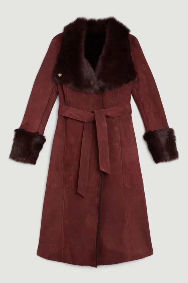 Shearling Cuff And Collar Wrap Belted Coat Women Karen Millen Coats and Jackets
