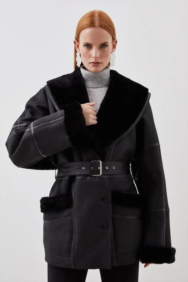 Shearling Relaxed Belted Coat Black Women Karen Millen Coats and Jackets