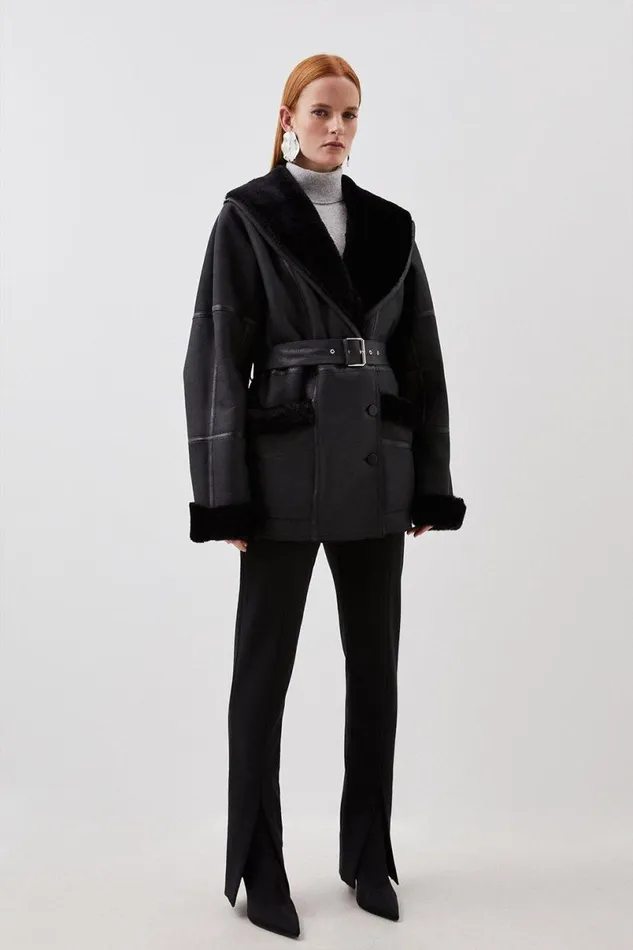 Shearling Relaxed Belted Coat Black Women Karen Millen Coats and Jackets