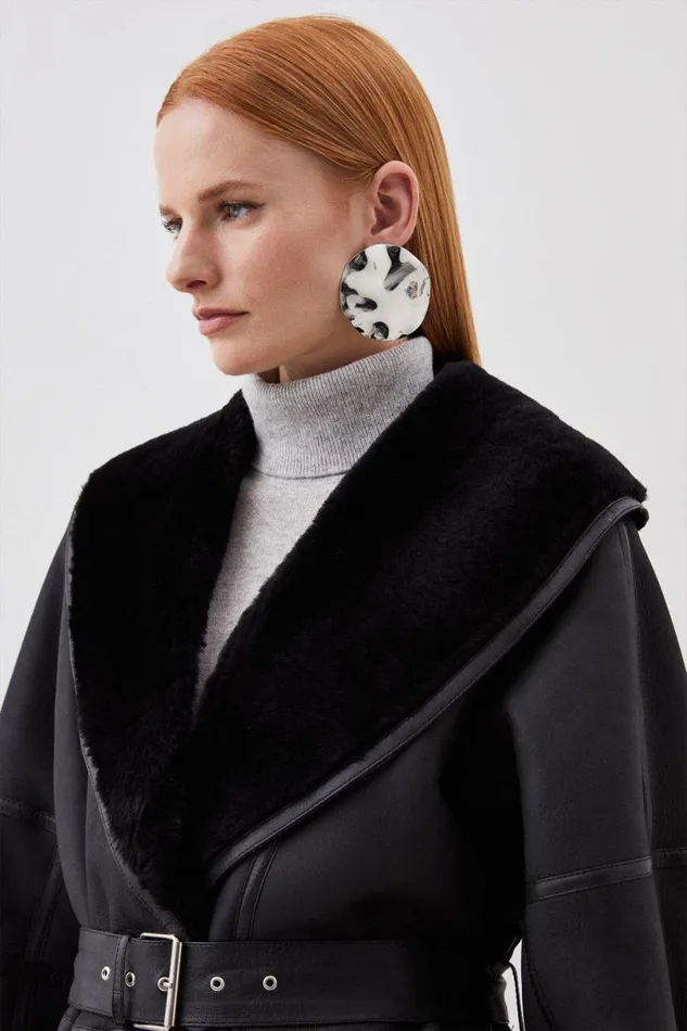 Shearling Relaxed Belted Coat Black Women Karen Millen Coats and Jackets