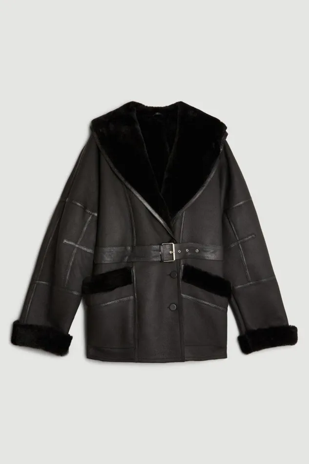 Shearling Relaxed Belted Coat Black Women Karen Millen Coats and Jackets