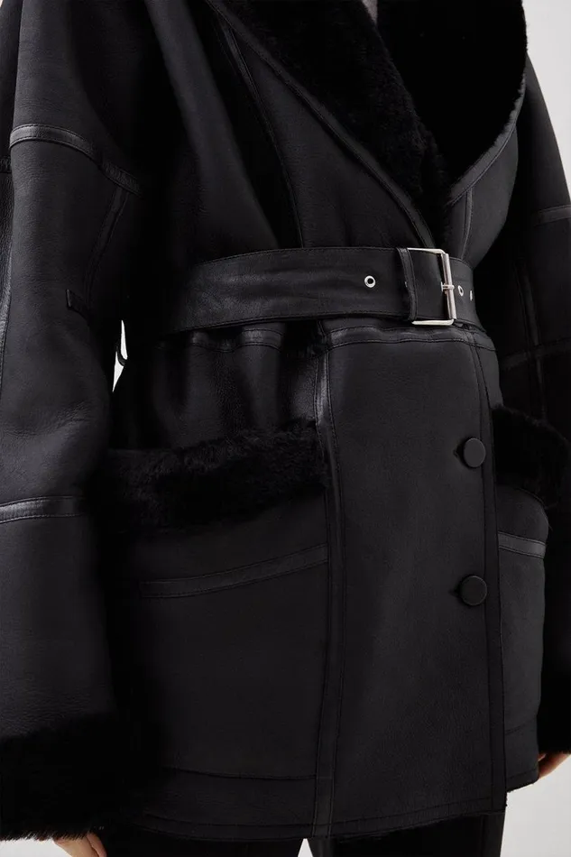 Shearling Relaxed Belted Coat Black Women Karen Millen Coats and Jackets
