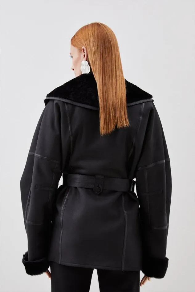 Shearling Relaxed Belted Coat Black Women Karen Millen Coats and Jackets