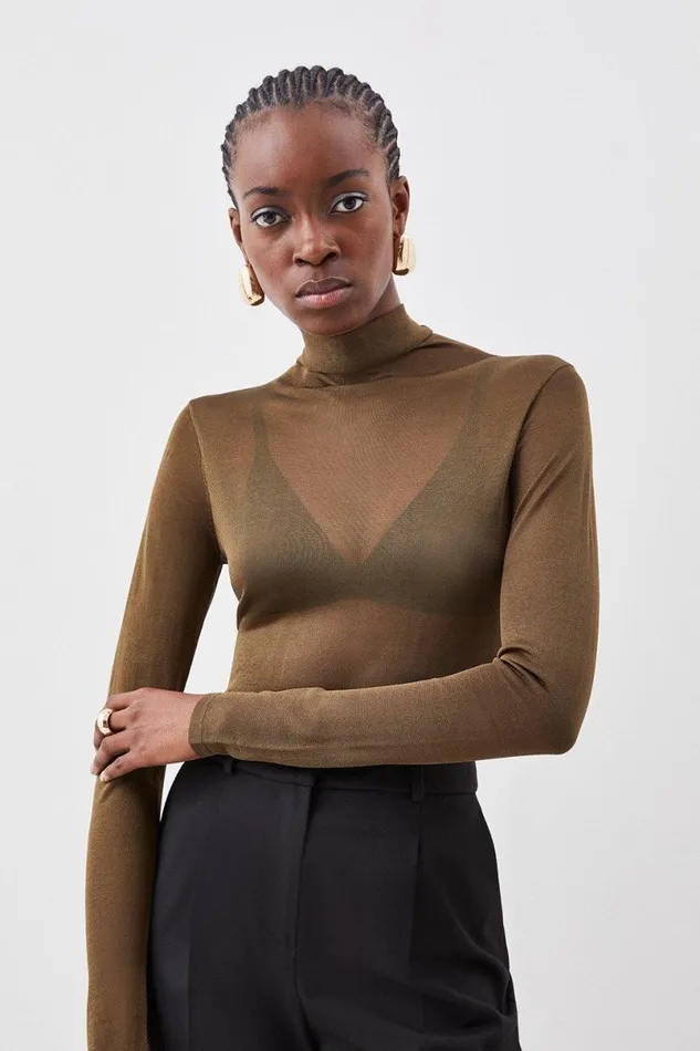 Sheer Knit Slinky Funnel Neck Top Khaki Women Karen Millen Tops