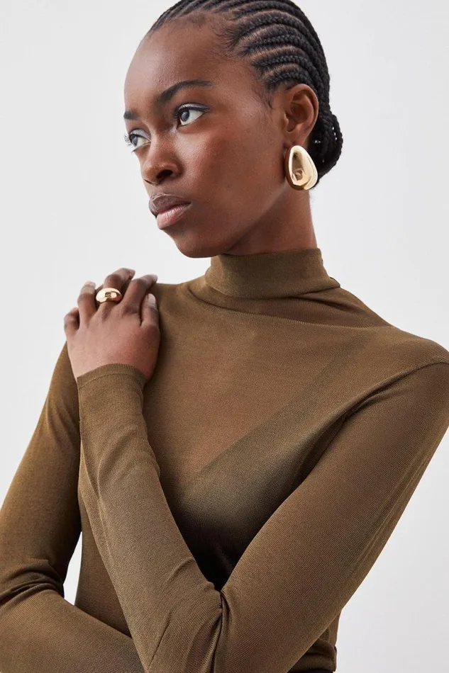 Sheer Knit Slinky Funnel Neck Top Khaki Women Karen Millen Tops