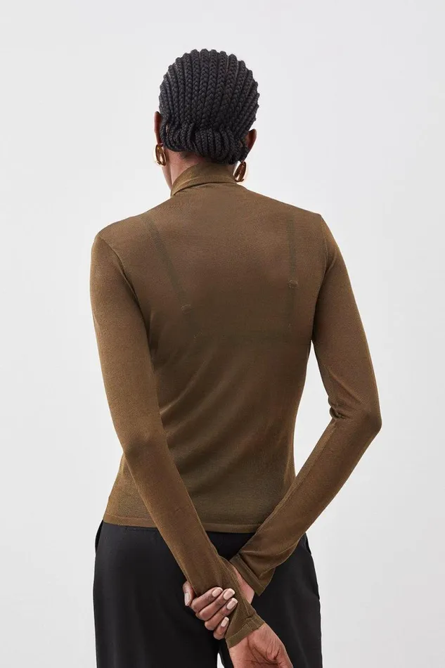 Sheer Knit Slinky Funnel Neck Top Khaki Women Karen Millen Tops