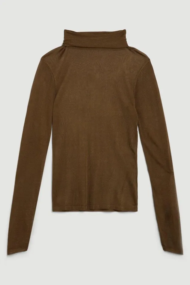 Sheer Knit Slinky Funnel Neck Top Khaki Women Karen Millen Tops