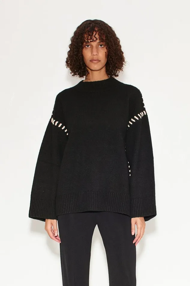 Simon Miller Leith Whipstitch Knit Sweater In Black With Cream Women Tops Simon Miller Leith Whipstitch Knit Sweater In Black With Cream Women Tops