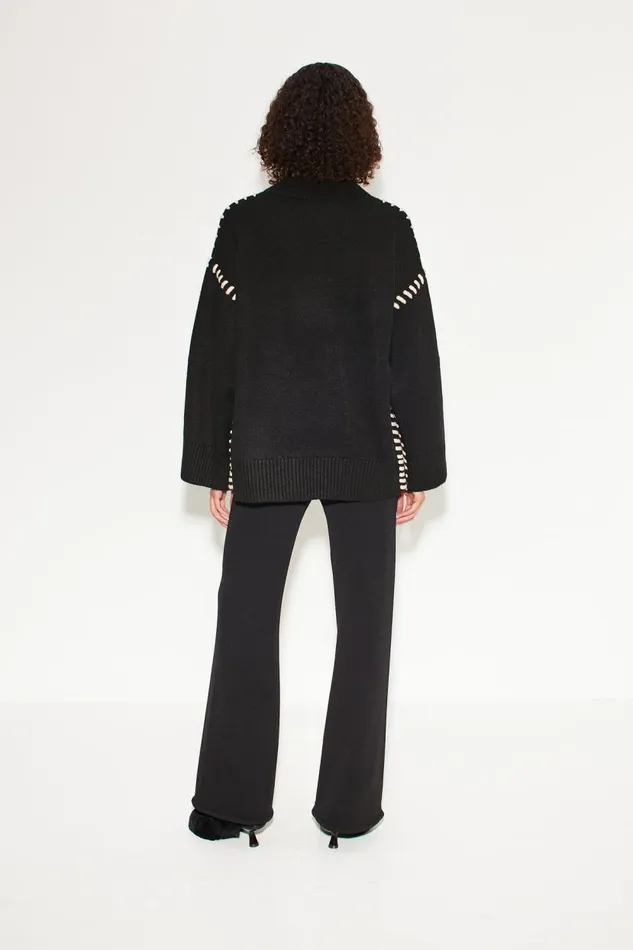 Simon Miller Leith Whipstitch Knit Sweater In Black With Cream Women Tops Simon Miller Leith Whipstitch Knit Sweater In Black With Cream Women Tops