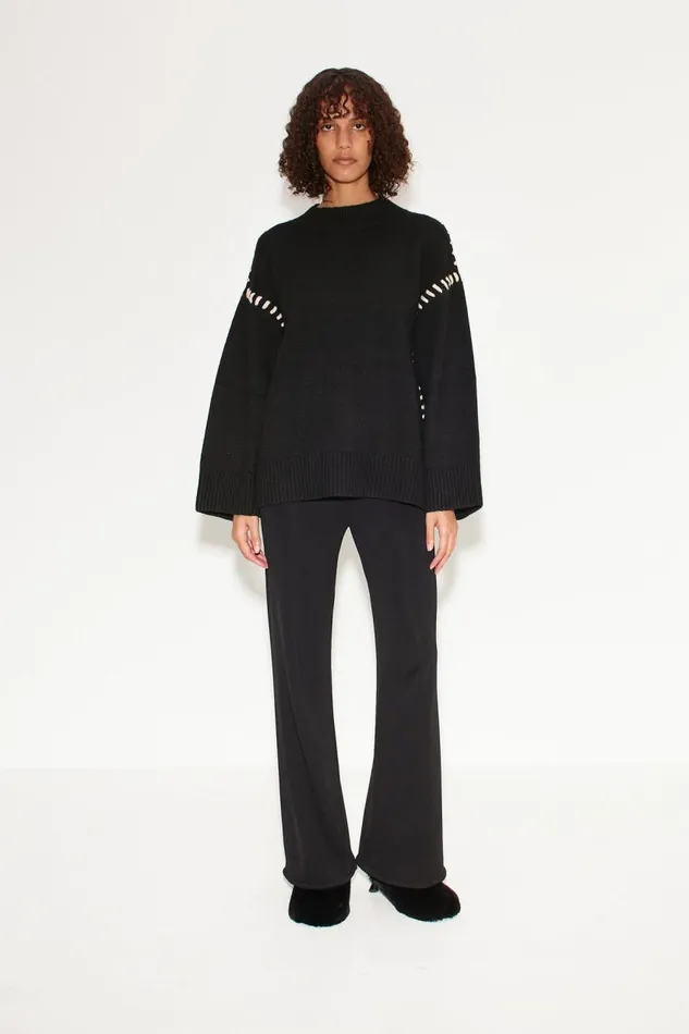 Simon Miller Leith Whipstitch Knit Sweater In Black With Cream Women Tops Simon Miller Leith Whipstitch Knit Sweater In Black With Cream Women Tops