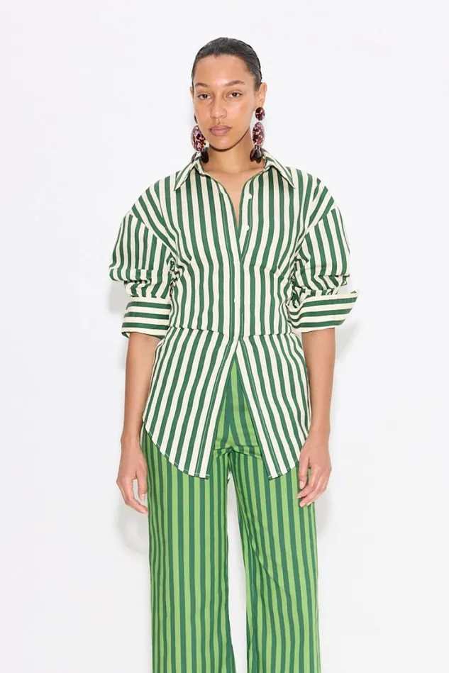 Simon Miller Loch Striped Poplin Button Up In Gummy GreenEcru Cotton Women Tops
