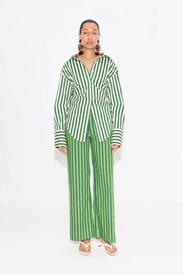 Simon Miller Loch Striped Poplin Button Up In Gummy GreenEcru Cotton Women Tops Simon Miller Loch Striped Poplin Button Up In Gummy GreenEcru Cotton Women Tops
