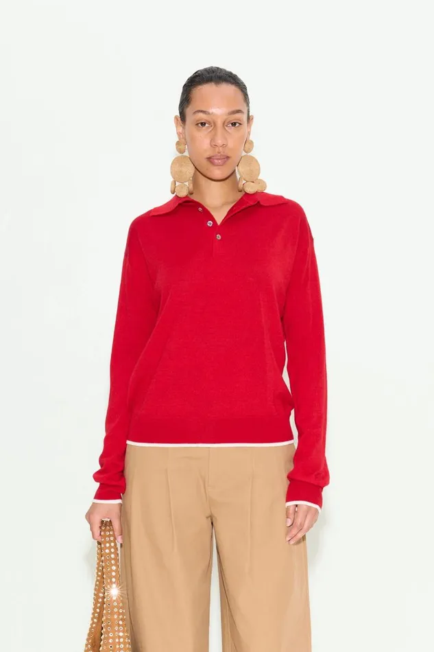 Simon Miller Marcel Polo Sweater In Lucky Red Merino Wool Women Tops