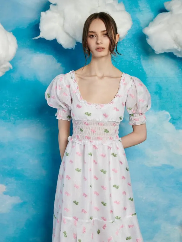 Sister Jane Dresses Women Folk Bow Jacquard Dress Pearl White