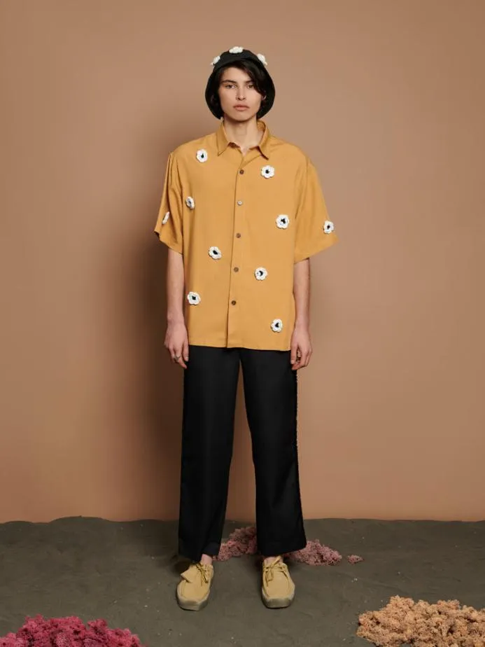 Sister Jane Shirts Men Coast Crochet Boxy Shirt Mustard Yellow
