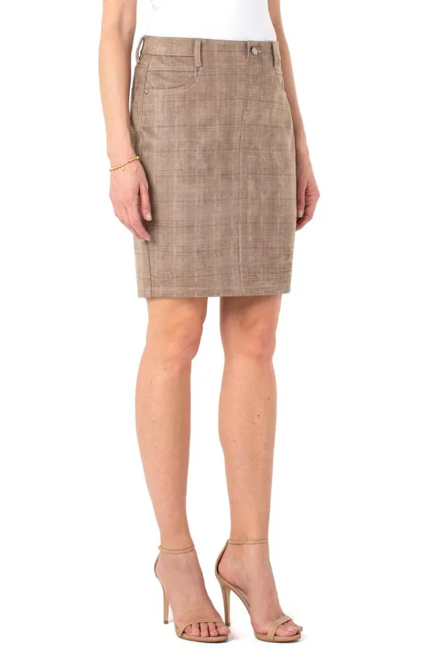 Skirts Women Liverpool Los Angeles Gia Glider Pencil Skirt Faux Suede Light Tan Glen Plaid