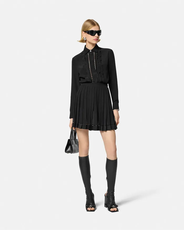 Skirts Women Versace Pleated Silk Georgette Mini Skirt Black
