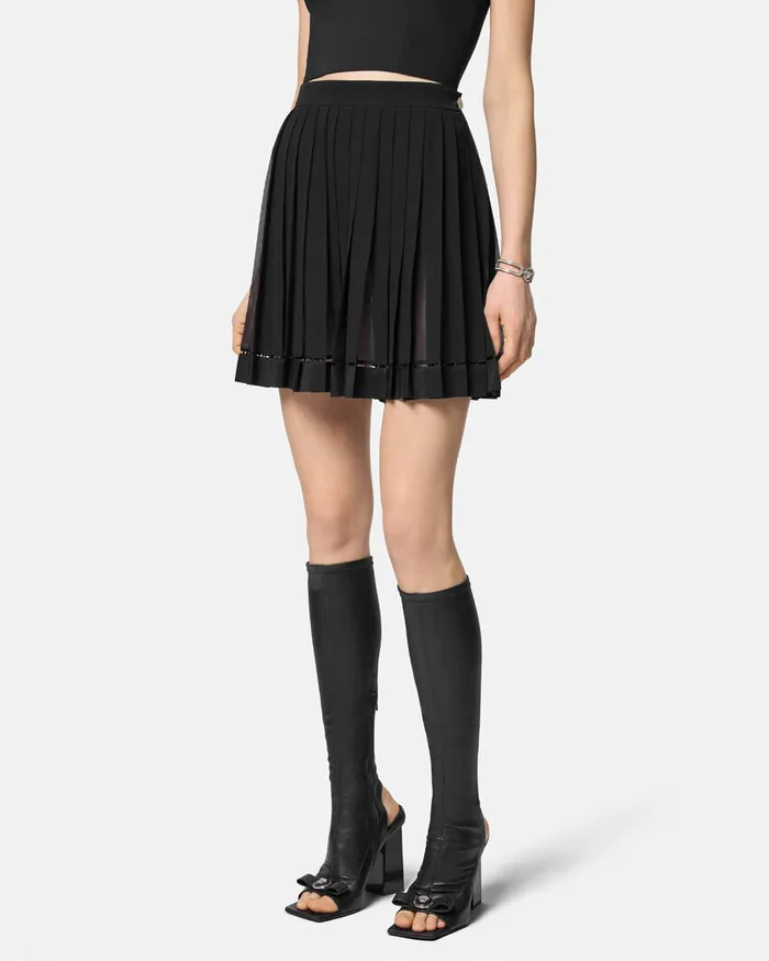 Skirts Women Versace Pleated Silk Georgette Mini Skirt Black
