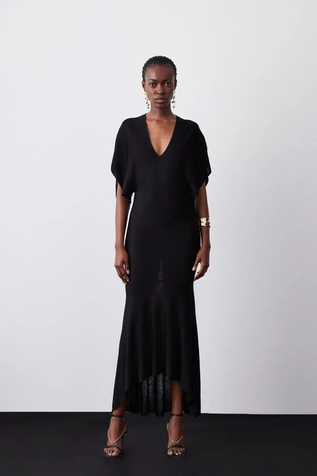 Slinky Knit Kimono Sleeve V Neck High Low Midaxi Dress Black Women Karen Millen Dresses