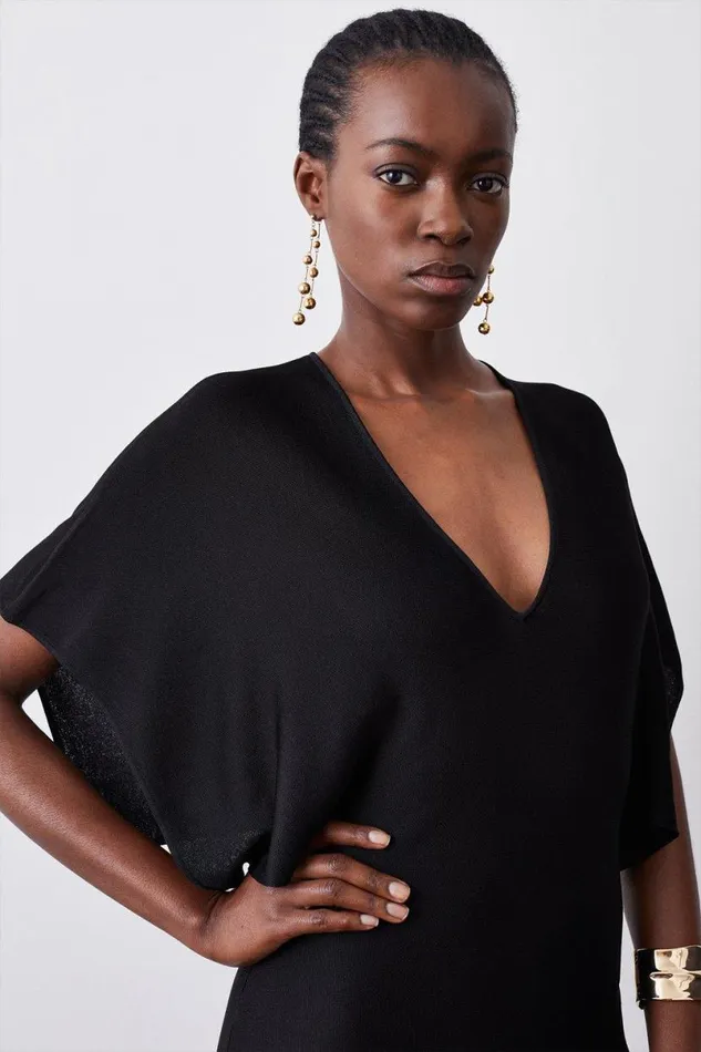Slinky Knit Kimono Sleeve V Neck High Low Midaxi Dress Black Women Karen Millen Dresses