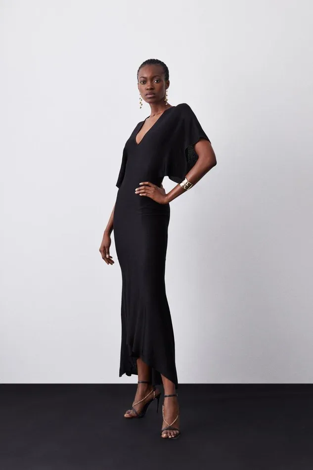 Slinky Knit Kimono Sleeve V Neck High Low Midaxi Dress Black Women Karen Millen Dresses