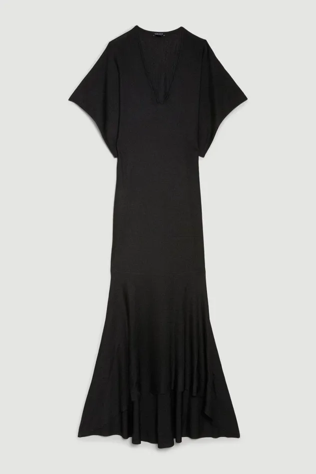 Slinky Knit Kimono Sleeve V Neck High Low Midaxi Dress Black Women Karen Millen Dresses