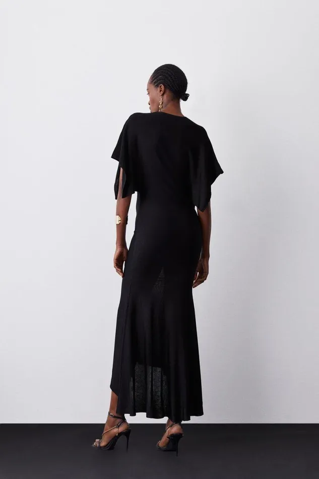 Slinky Knit Kimono Sleeve V Neck High Low Midaxi Dress Black Women Karen Millen Dresses
