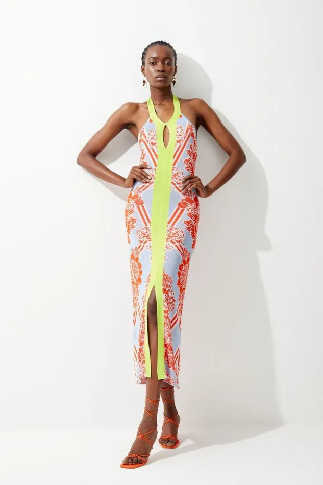 Slinky Mirrored Floral Jacquard Knit Dress Lime Women Karen Millen Dresses