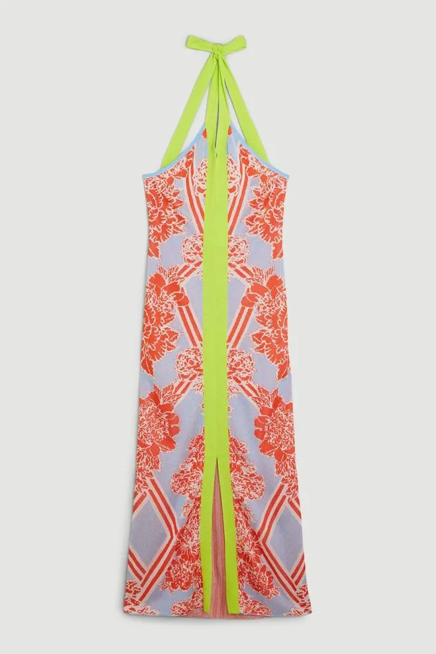 Slinky Mirrored Floral Jacquard Knit Dress Lime Women Karen Millen Dresses