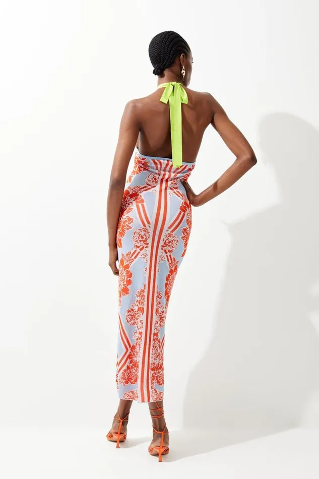 Slinky Mirrored Floral Jacquard Knit Dress Lime Women Karen Millen Dresses