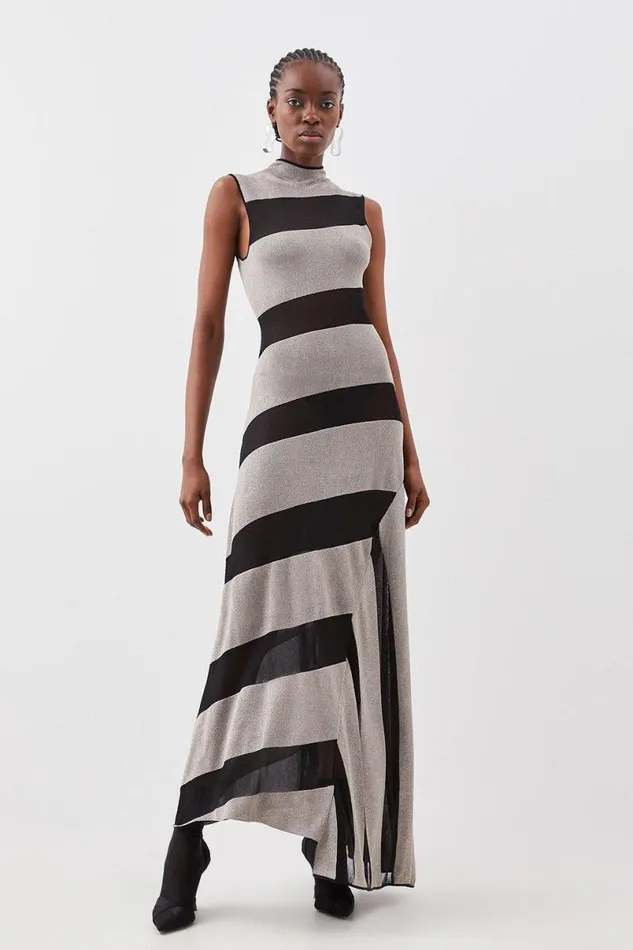 Slinky Sheer Metallic Knit Maxi Dress Gold Women Karen Millen Dresses
