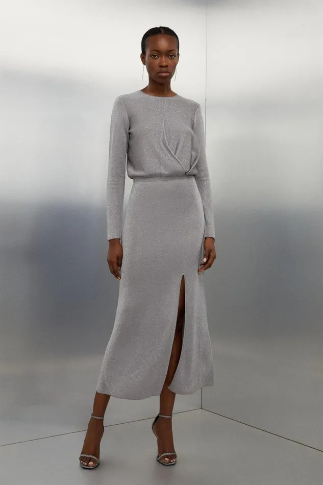 Slinky Viscose Split Detail Knit Maxi Dress Grey Women Karen Millen Dresses
