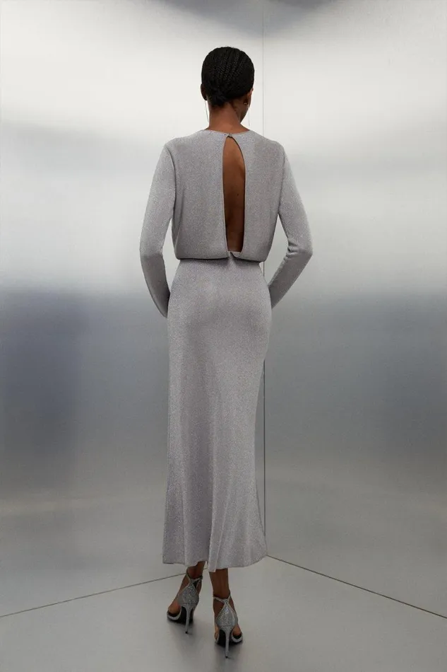 Slinky Viscose Split Detail Knit Maxi Dress Grey Women Karen Millen Dresses