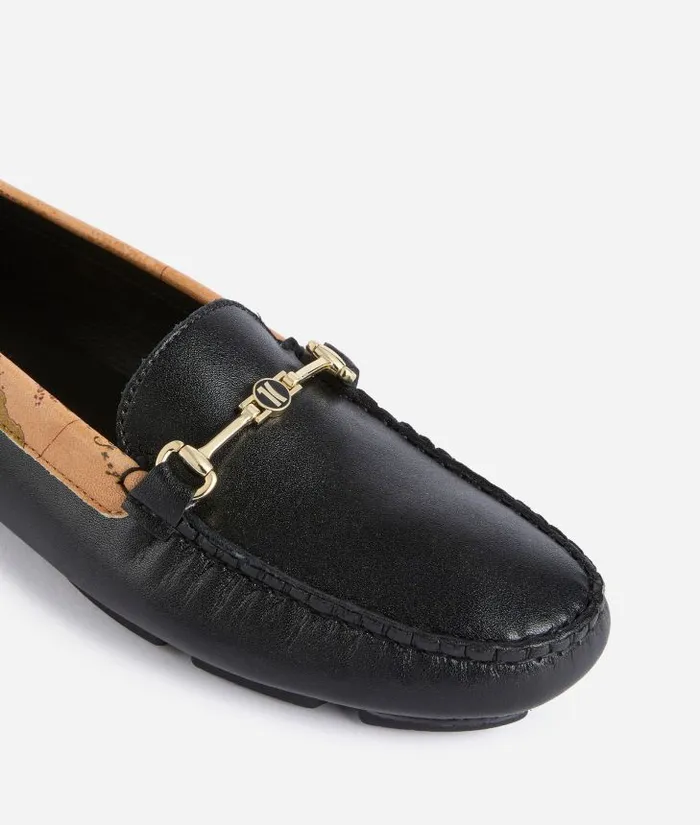 Smooth Leather Moccasins With 1c Logo Horsebit Black Woman Alviero Martini Flat Shoes