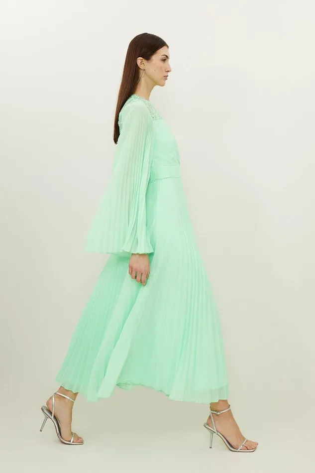 Soft Pleated Woven Kimono Sleeve Maxi Dress Lime Women Karen Millen Dresses