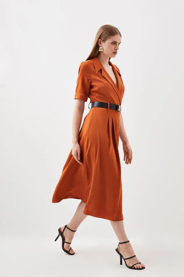Soft Tailored Belted Midaxi Dress Orange Women Karen Millen Dresses