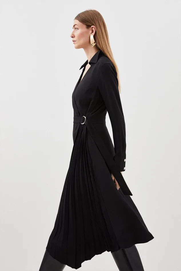 Soft Tailored Pleat Detail Belted Shirt Dress Black Women Karen Millen Dresses