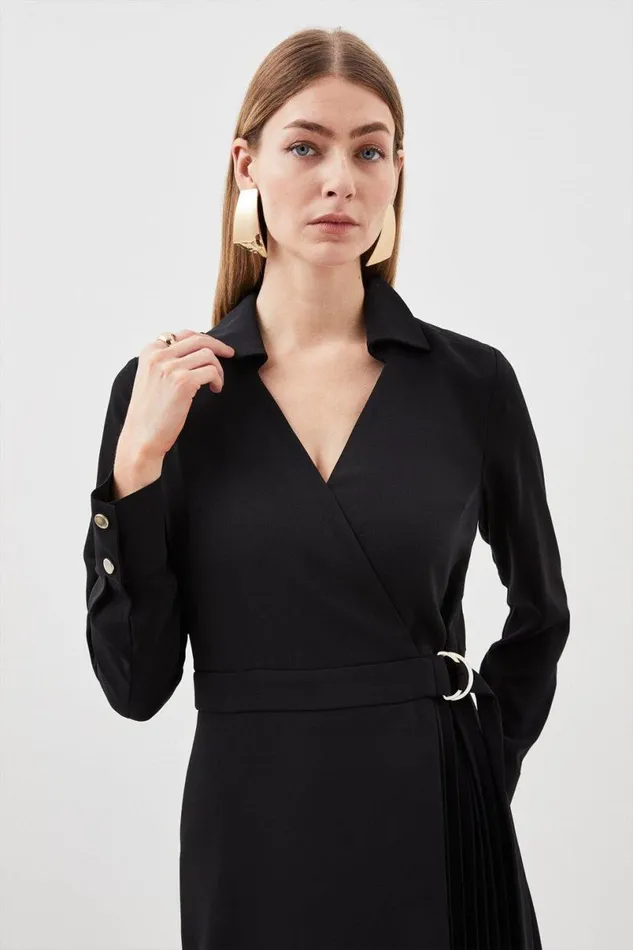 Soft Tailored Pleat Detail Belted Shirt Dress Black Women Karen Millen Dresses
