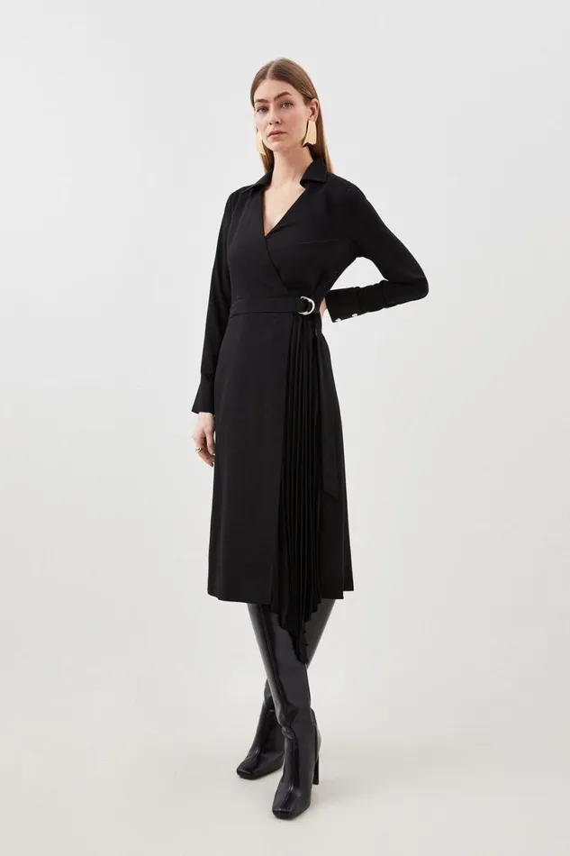 Soft Tailored Pleat Detail Belted Shirt Dress Black Women Karen Millen Dresses