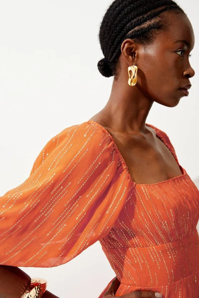 Sparkle Iridescent Strappy Puff Sleeve Mini Rust Women Karen Millen Dresses