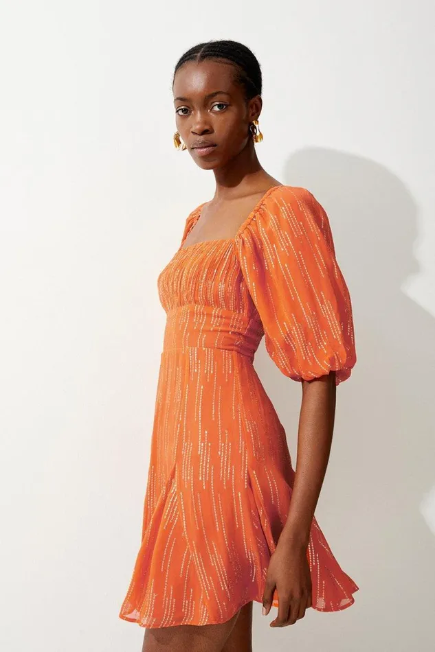 Sparkle Iridescent Strappy Puff Sleeve Mini Rust Women Karen Millen Dresses