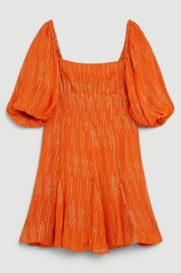 Sparkle Iridescent Strappy Puff Sleeve Mini Rust Women Karen Millen Dresses