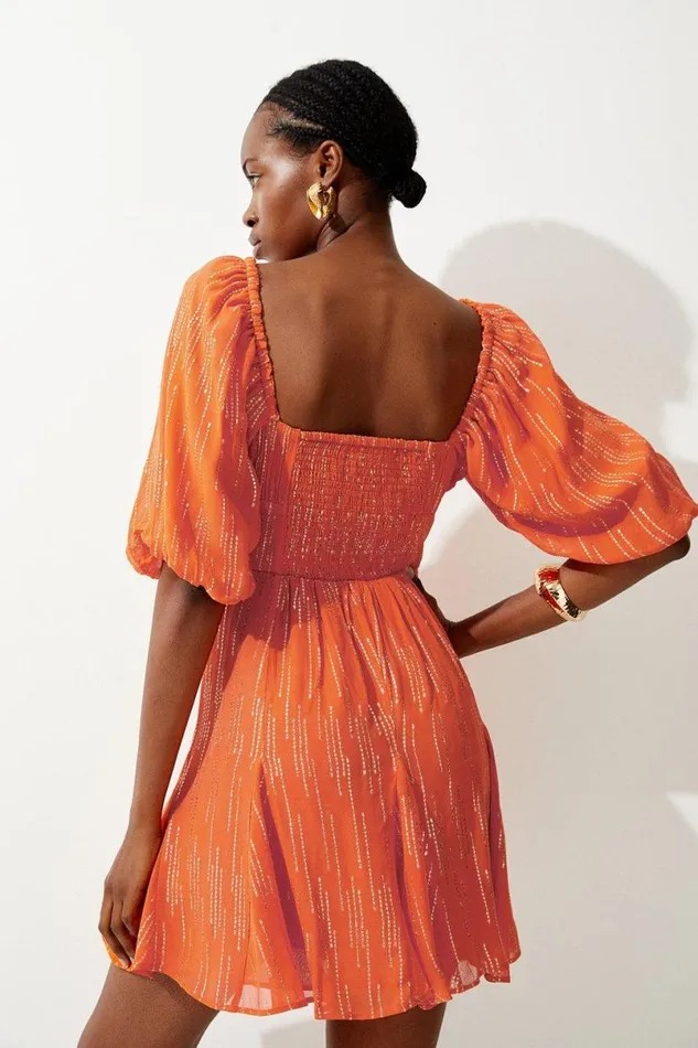 Sparkle Iridescent Strappy Puff Sleeve Mini Rust Women Karen Millen Dresses