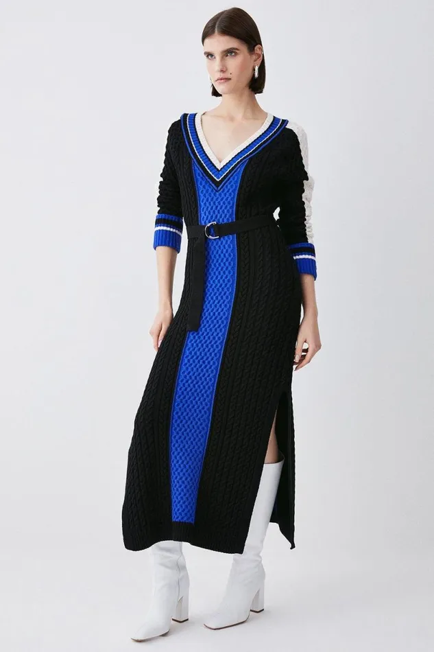 Sporty Colour Block Cable Knit Dress Women Karen Millen Dresses