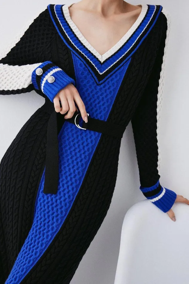Sporty Colour Block Cable Knit Dress Women Karen Millen Dresses