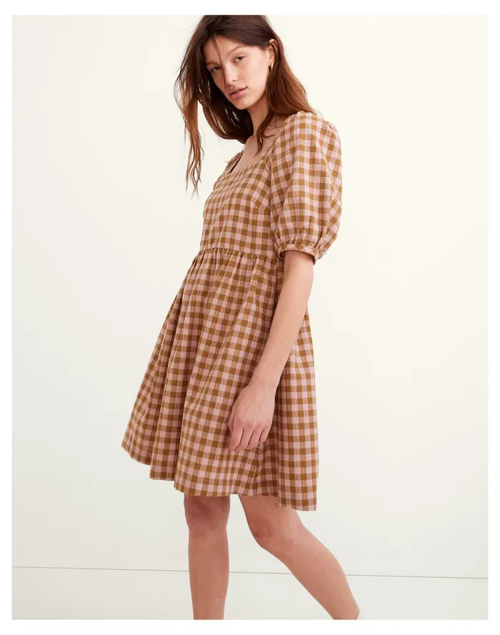 Square Neck Puff Sleeve Dress In Gingham Seersucker Spiced Olive Women Madewell Dresses
